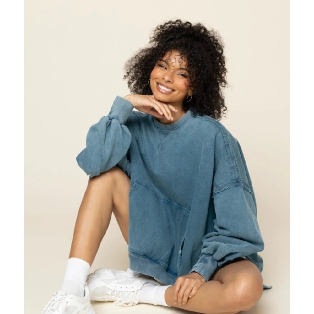 POPFLEX Boxy Crewneck Oversized Mineral Wash Teal Blue 1X 2X Cotton Sweatshirt